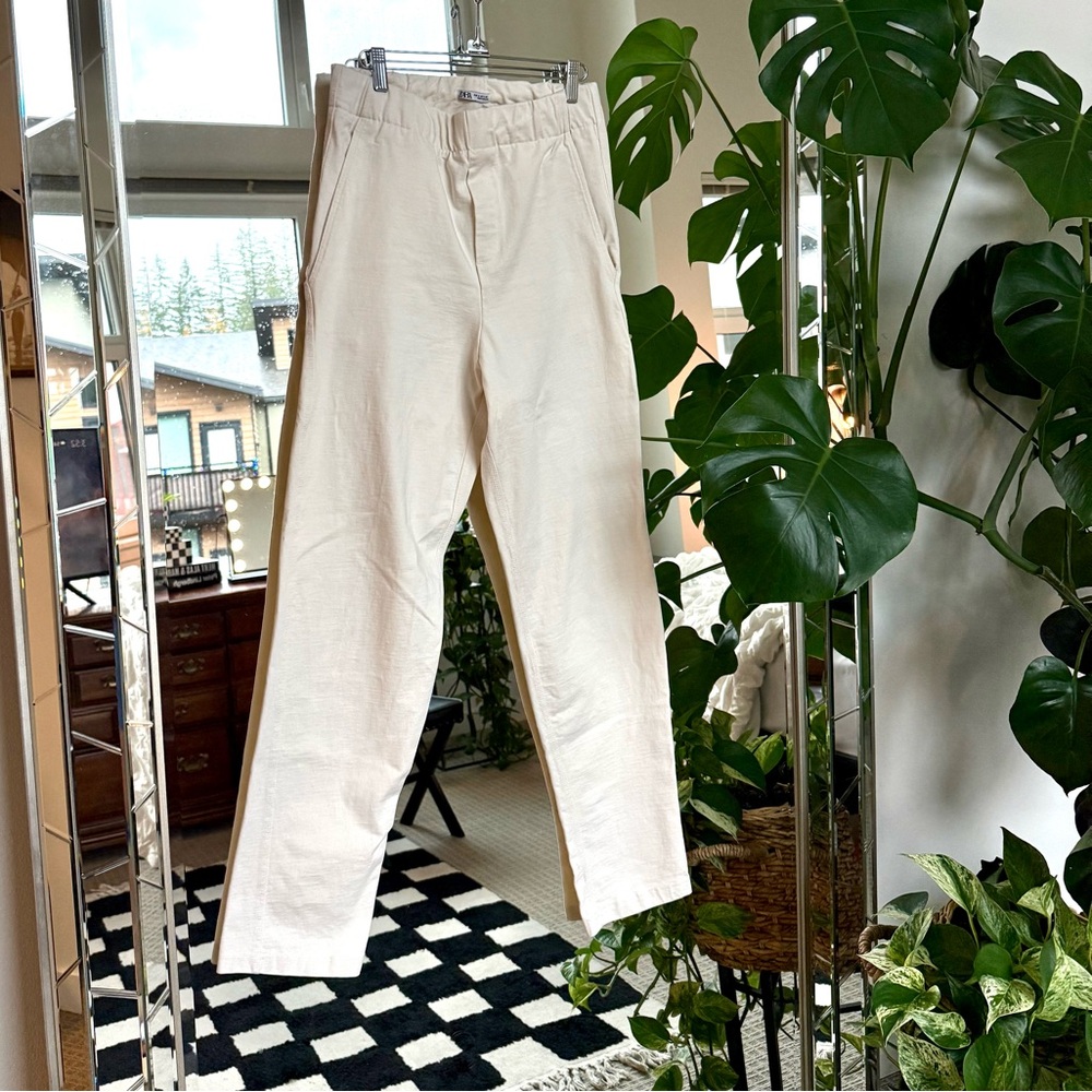 Zara Light Cream Straight Leg Twill Pants
